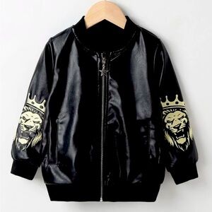 Boys Lion Print Zip Up PU Leather Bomber Jacket 5-6